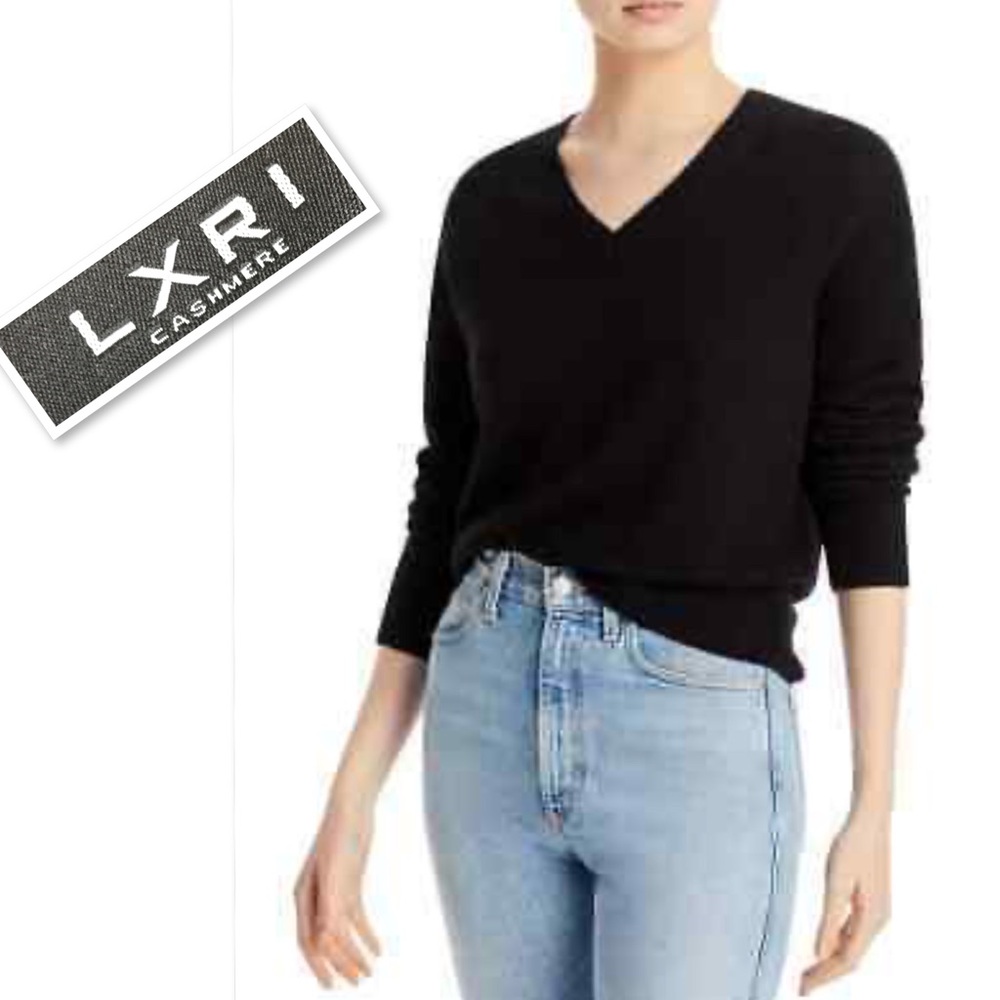 LXRI 100% CASHMERE V-NECK SWEATER IN DEEP BLACK SIZE L